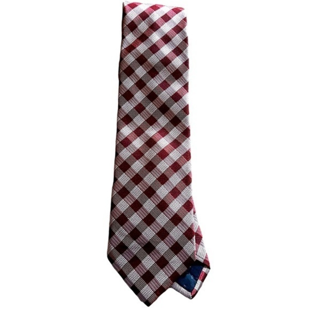 BOSS Hugo Boss red gingham check fine textured silk tie made in Italy 3.25” wide